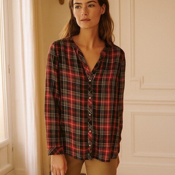 J Jill Green & Red Plaid Button Front Long Sleeve Blouse  Top Large - Picture 1 of 7